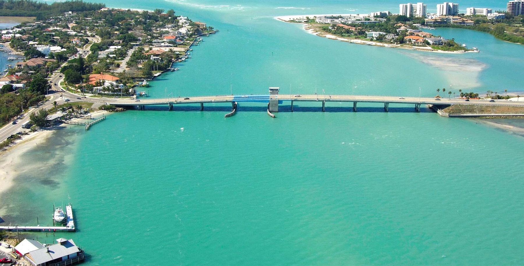 Aerial view of the bridge onto Longboat Key over turquoise water