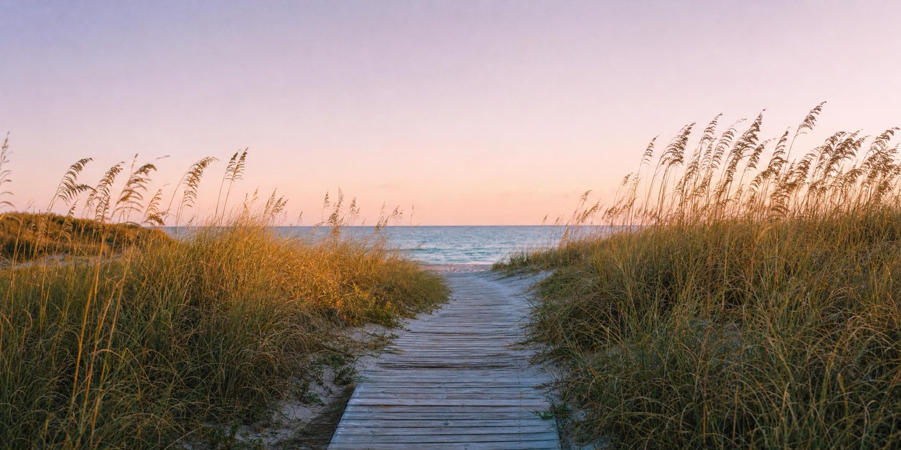 A boardwalk through the dunes to the sea at dusk