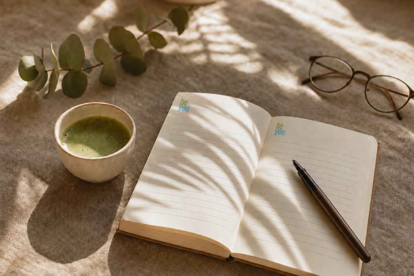 An open BE YOU journal with matcha and eucalyptus in soft morning light