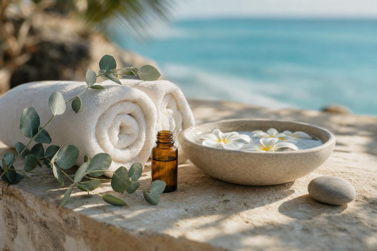 Rolled towels and eucalyptus beside the sea