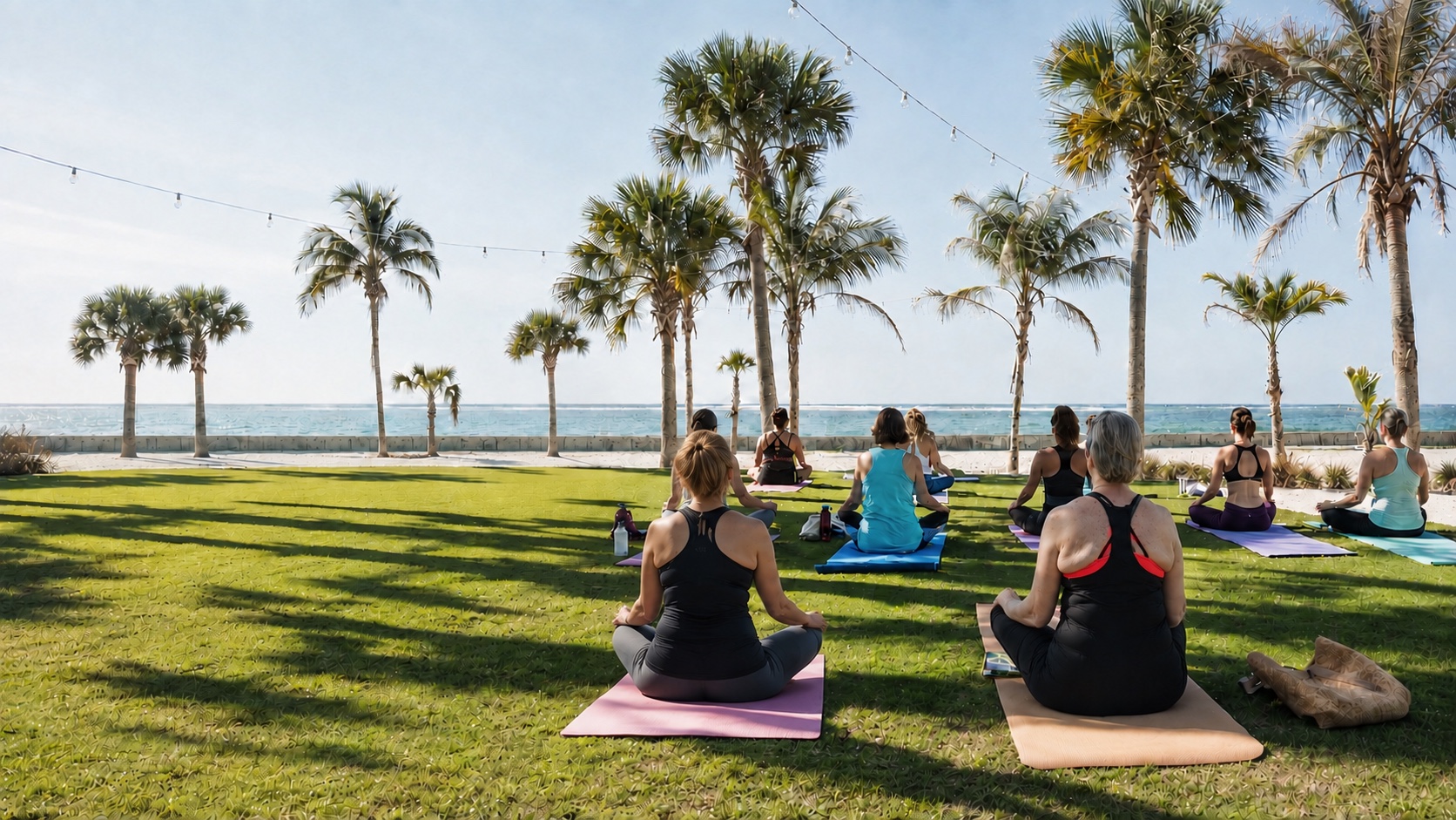 Women practicing yoga on a palm-lined lawn overlooking the Gulf
